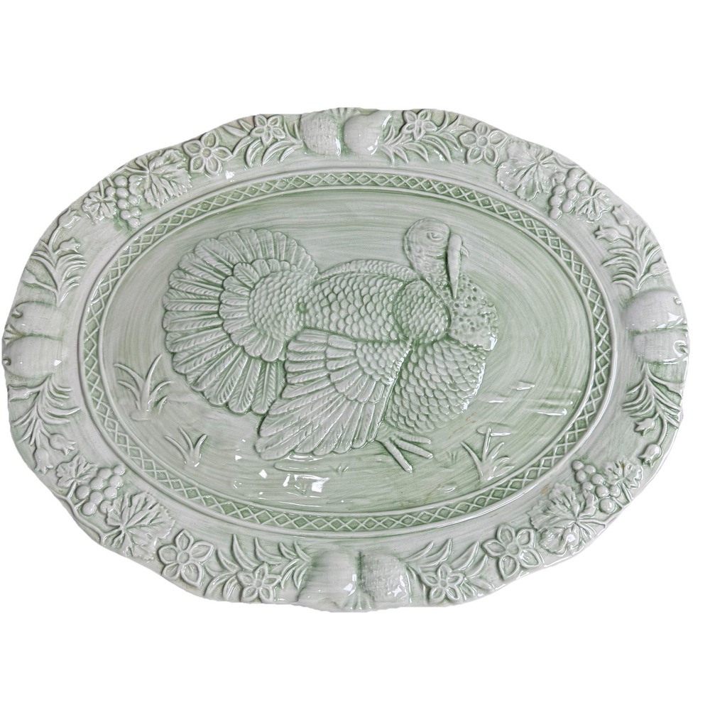 Vtg NOS Mervyn's 80's Green Embossed Ceramic Turkey Platter 18.5"x14.5" Portugal
